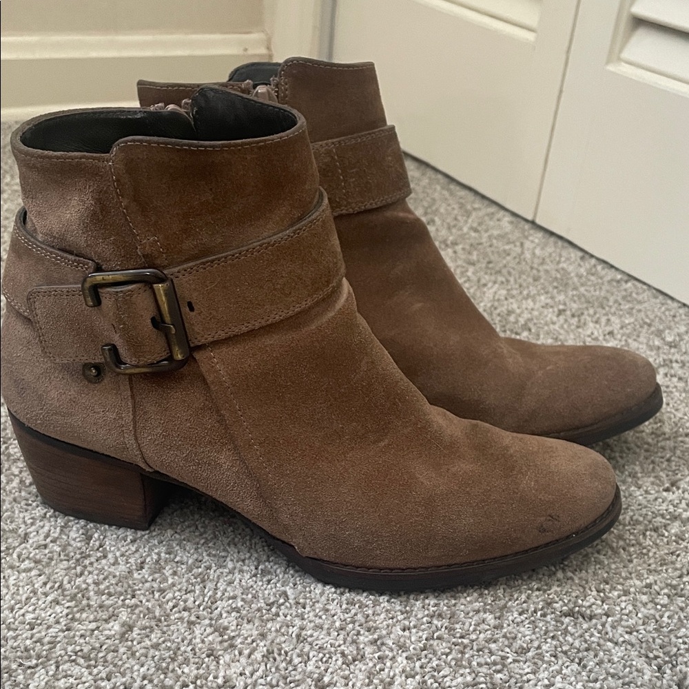 Paul Green Brown Suede Ankle Boots Sz 7.5 (UK 5) side zipper 1.5” heel strap